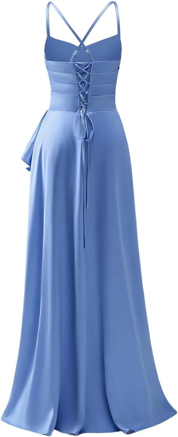 Women's Satin Bridesmaid Dresses for Wedding Pleated Cowl Neck Formal Party Dress with Pockets SN030