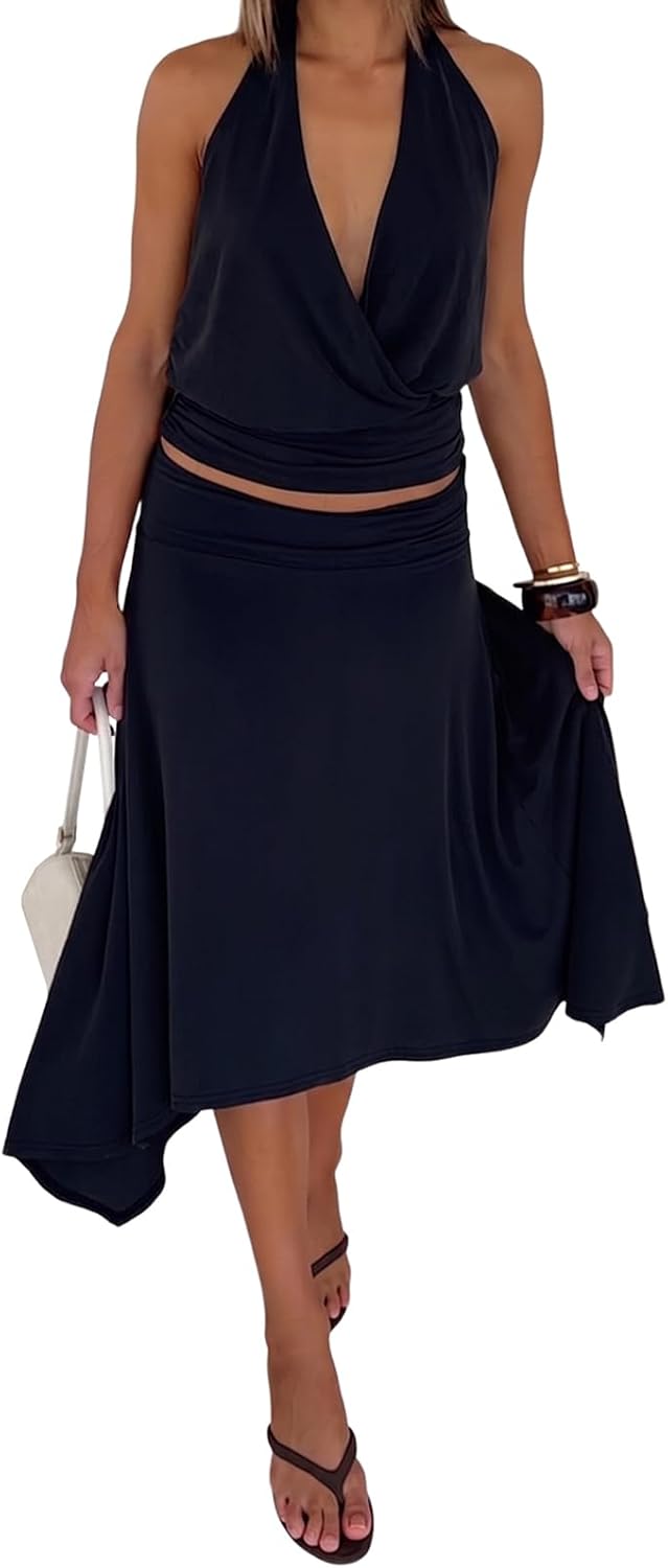 Womens 2 Piece Skirt Set Summer Halter Wrap Top Asymmetrical Midi Skirt Set Matching Backless Beach Vacation Outfits