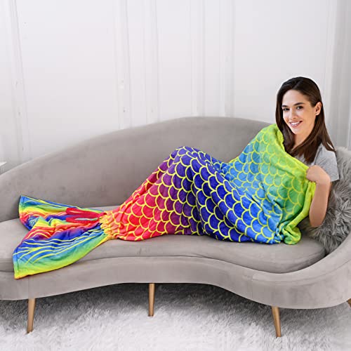 B Benron Mermaid Tail Blanket For Teen Girls Adults, Cozy Rainbow Mermaid Blanket For Women, Ideal Chrismas Birthday Gifts, Oversized Sofa Bed Couch Blankets Throw With Foot Pocket #TOP5