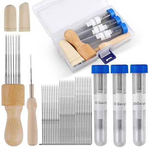 Phinus Needle Felting Ket Needle Felting Supplies with 30pcs 3 Sizes Wool Felting Needles Wooden Handle Fingercots Storage Box Felting Needle Tools for Beginner & Professional DIY Felting Crafts