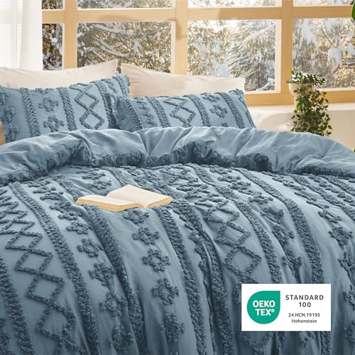 Image of Bedsure Tufted Boho Comforter Set Queen Size - Dusty Blue Boho Bed Set, GentleSoft 3 Pieces Farmhouse-Style Embroidery Bedding, Gifts for Woman, Soft Jacquard Kids' Queen Comforter for All Seasons
