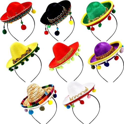 Swakuta 8 Pack Sombrero Party Hats Cinco De Mayo Fiesta Fabric and Straw Sombrero Headbands Cinco De Mayo Fiesta Sombrero Headband for Mexican Party Decorations