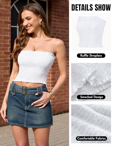 Aprolive Women Strapless Tube Top Sleeveless Tank Tops Solid Smocked Bandeau Top Y2K Backless Crop Tops for Summer Fashion Going Out Blouse(1-White,X-Large) — view 6