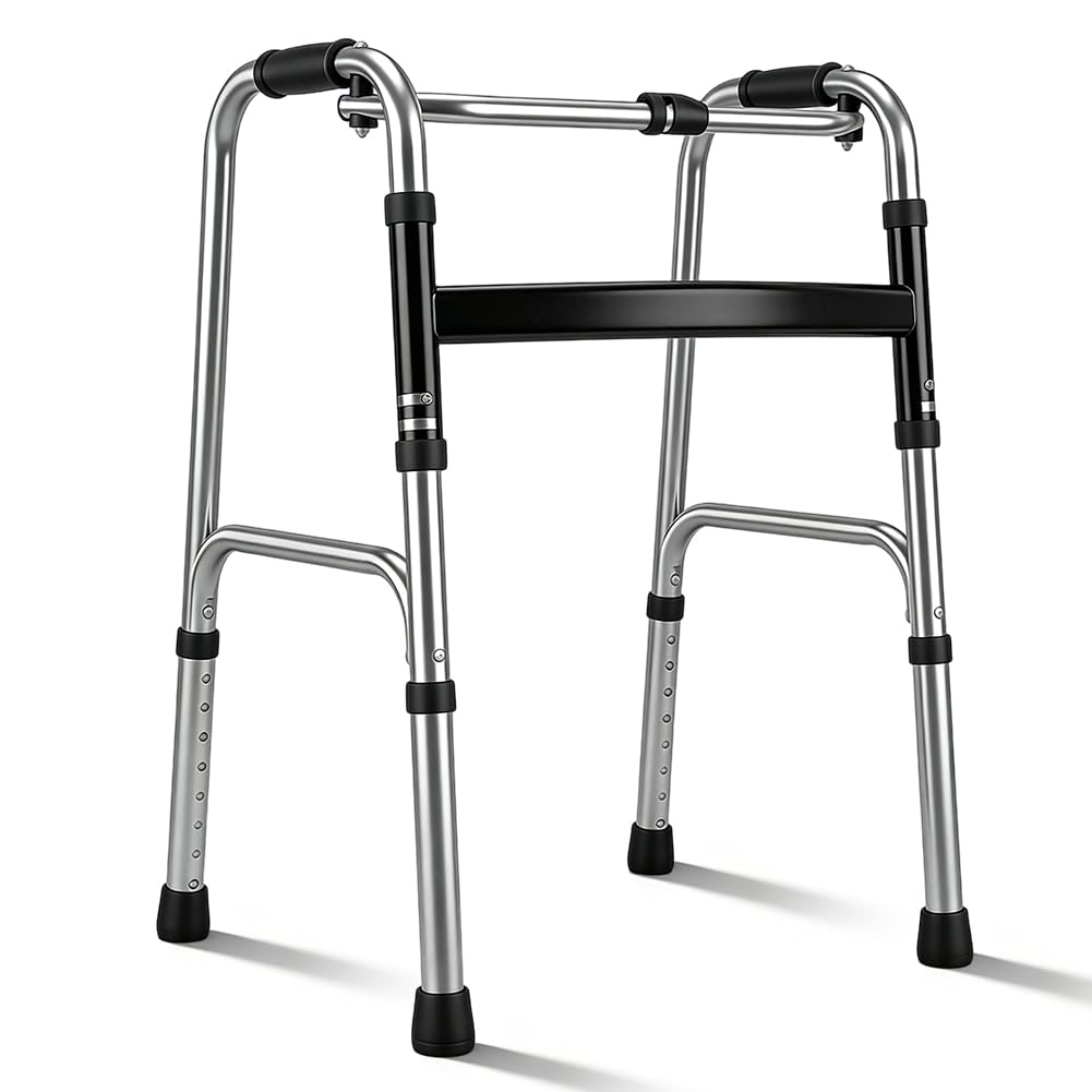 Andador de aluminio, altura ajustable, andador fácil plegable para personas mayores y adultos, andador sin ruedas con almohadillas antideslizantes para los pies para casa y viajes