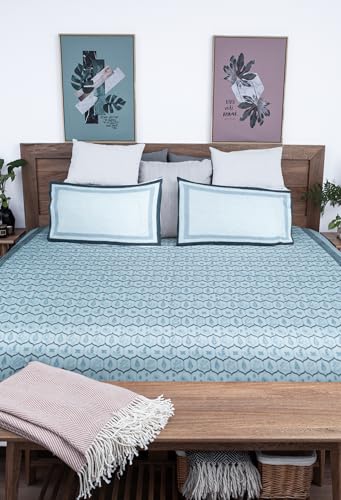 Image of Neelam Premium Hand Block Printed Bedsheet | Bed Spread Flatsheet Bed Sheet | Pure Cotton | Double Bed Queen Size 90 inchx108 inch | 300 TC Long Staple Cotton | 2 Pillow Covers | Blue Print