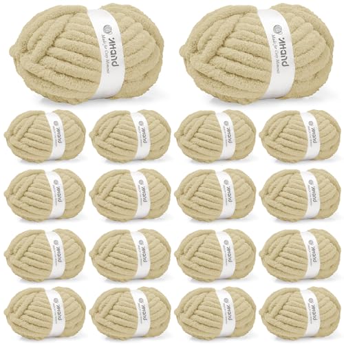 Image of Inhand Chunky Chenille Yarn for Hand Knitting, Thick Bulky Blanket Yarn for Crocheting, Soft Fluffy Yarn for Crochet Gifts & Crafts for Women /Beginners, 18 Pack (29.5 yds /8.4 oz Each), Sand Khaki