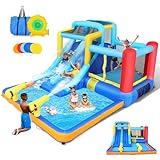 Inflatable Water Slide Bounce House for Kids, 8 in 1 Jumping Bouncy Castle with Dual Slides, Pool, Water Cannon, Sprinkler, Blower Included for Outdoor Backyard, Party Gift