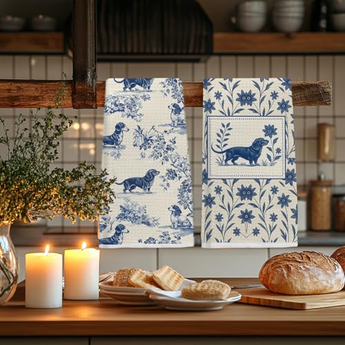 Image of Blue Chinoiserie Dachshund Kitchen Towels, Dachshund Lover Gifts, Wiener Dog Gifts Dish Tea Towels for Kitchen, Vintage French Toile Dog Decorative Hand Towel for Bathroom, 16x24 Inch Set of 2