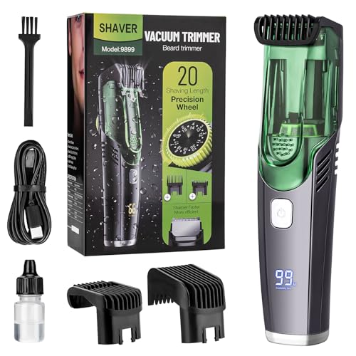 Vacuum Beard Trimmer for Men, Rechargeable Mustache Trimmer with Adjustable Length Comb (1-20MM), IPX6 Waterproof Built-in, Mustache and Stubble -Green