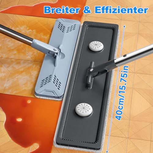 CTIME Bodenwischer Set, Wischmopp Set mit Eimer mit 4 Waschbaren Mikrofaser-Pads, Hand-Frei Wischmop Wischmop, Putzeimer mit Auswringfunktion für Hartholz Laminat Fliesen (40cm)