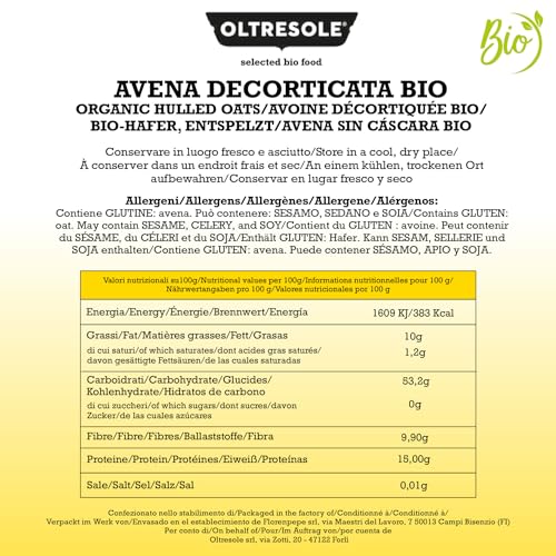 Oltresole, Italienischer Bio-Hafer 5 kg, Bio-Getreide, reich an Ballaststoffen und Eiweiß, ideal für eine gesunde und ausgewogene Ernährung, Convenience-Größe