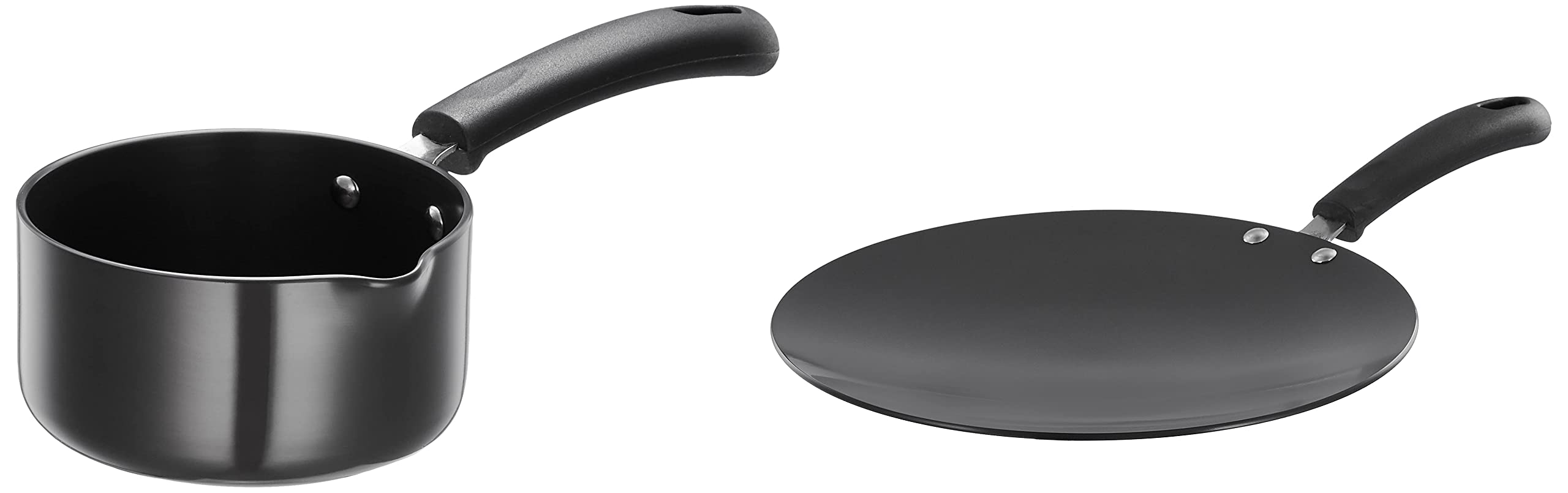 Amazon Brand - Solimo Hard Anodized Aluminium Roti Tawa with Bakelite Handle (27cm, 3mm Thickness), Black & Solimo Hard Anodized Saucepan with Bakelite Handle (14cm, 900ml)- Non- Induction (B0BRG7JPKM) Amazon Price History, Amazon Price Tracker