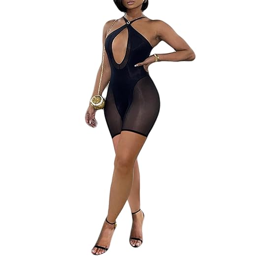 LovelyWholesale Women's Sexy Mesh Patchwork Bodycon Romper Cut Out Short Pants Jumpsuit Black Small