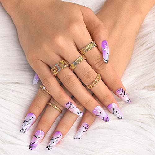 ELABEST Medium Ballerina False Nail Glitter Grain White Coffin Fake Nails 24Pcs Acrylic Press on Nail Tips for Women and Girls