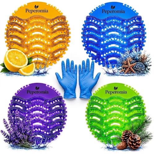 20 Pack Urinal Screens Deodorizer Mats Anti-Splash & Anti-Clog Long Lasting Odor Control 4 Scents: Ocean Breeze Lemon Citrus Orange Lavender Includes 10 Pairs Gloves Bathrooms & Offices
