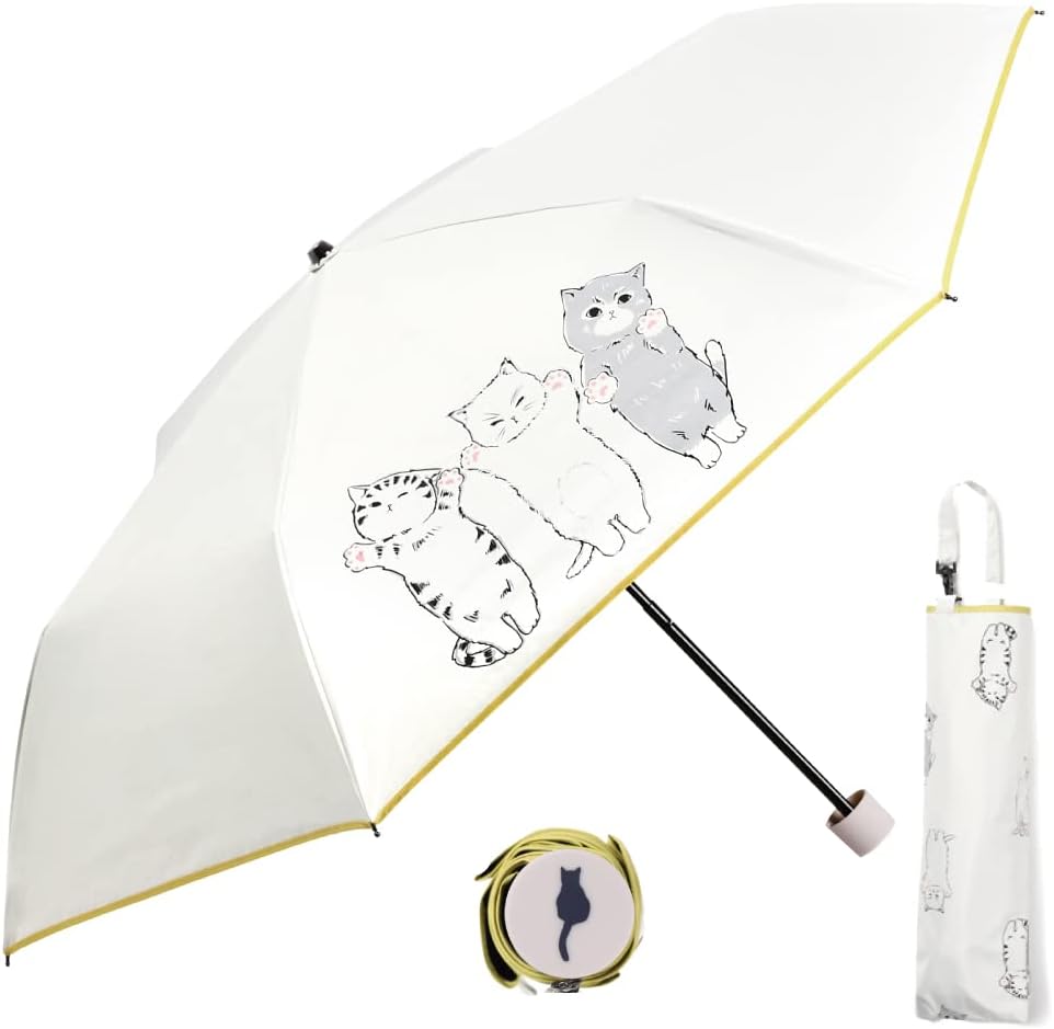 Terra Distribution Compact Travel Umbrella [ Designed in Japan ] Cute Cat Small Mini Umbrella/Portable Folding Umbrella [ Rain/Sun UV Protection] (3 Cats Design)