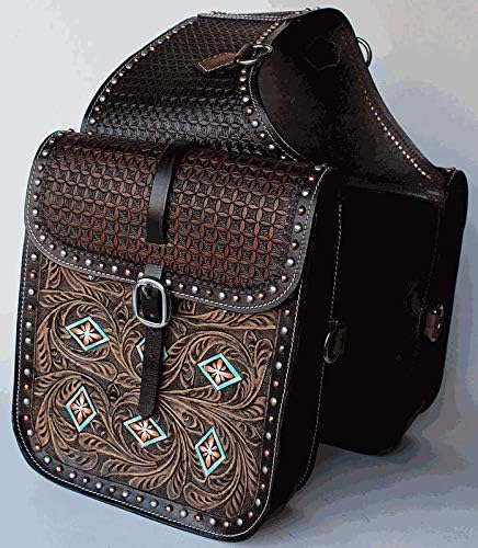BNB INTERNATIONAL Cowhide Genuine Leather Western Equestrian Trail Tooling Carving Horse Saddle Bag Tooled Carved Pack Equipment Horse Saddle Bags Size: 10” L x 10” W x 3 ½” D inches BAG08