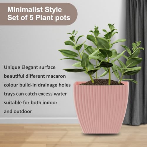 Image of HOMIFLY 5 Pack Plastic Square Flower Pots with Drainage & Bottom Tray /Lightweight, UV & Weather Resistant /6.5 Inch Planters for Indoor /Outdoor /Home /Balcony /Terrace /Garden Plant Pots (Baby Pink)