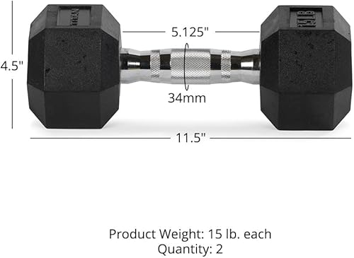 Miniatura 2 de Titan Fitness Par de mancuernas hexagonales con revestimiento de goma de 15 libras, pesas hexagonales resistentes al rollo, asas cromadas con