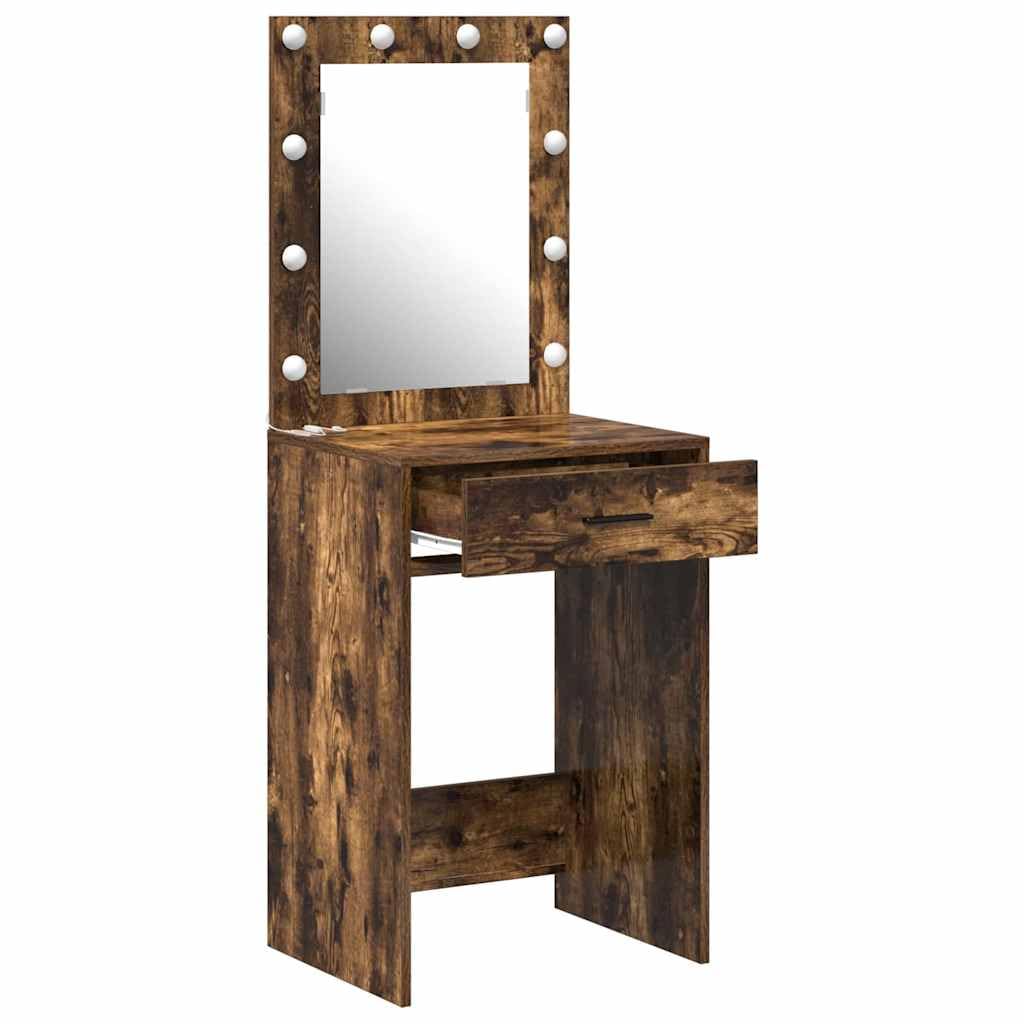 Tavolo da trucco rovere fumé con luce LED, specchio piano e 2 cassetti, mobiletto salvaspazio per camera da letto, scrivania consolle per make up e organizzatore cosmetici