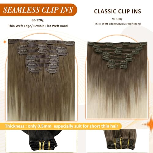 Image of Full Shine Seamless Clip in Hair Extensions, Ash Brown to Platinum Blonde | Human Hair Extensions, 14 Inch 120g 8 Pcs, Invisible Ultra-Thin Weft, Added Volume, Natural Blend, Workday Styling
