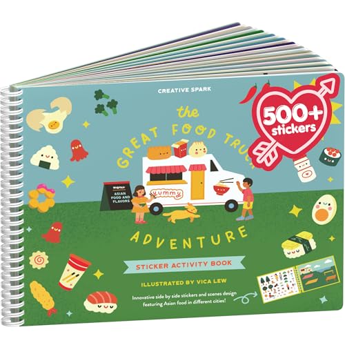 Image of CUPKIN Sticker Book for Kids 2-4, 500+ Kids Stickers, Food Truck Adventure 12 Coloring Pages 12 Side by Side Scenes Fun Toddler Travel Activity Coloring and Sticker Books for Ages 4-8 + 8-10
