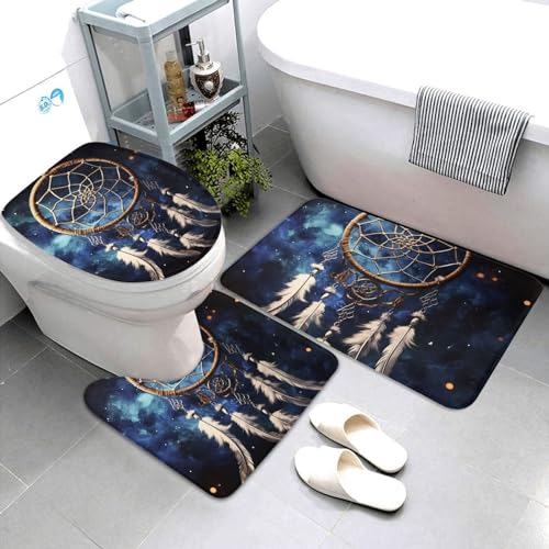Dwrepo White Fantasy Dream Catcher Print Bathroom Rug Set 3 Piece with Non-Slip U-Shaped Contour Mat and Toilet Lid Cover for Bathroom Decoration