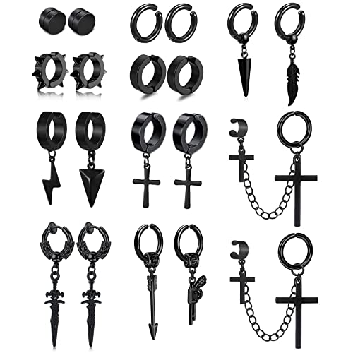 20 Pièces Boucles d'oreilles Magnétiques en Acier Inoxydable Fausse Boucle d'oreille Homme Creole Croix Plume Pendantes Boucles d'oreilles pour Homme Boucle...