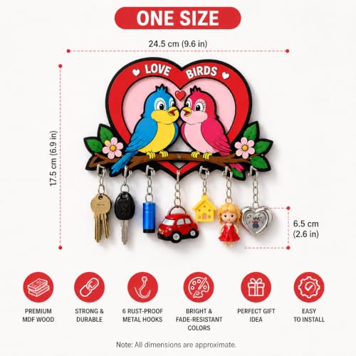 Image of Love Birds Wooden Key Holder for Wall | 7 Hooks Decorative Key Hanger for Home Entrance | Romantic Couple Bird Wall Decor | Key Stand Organizer | Housewarming, Gift