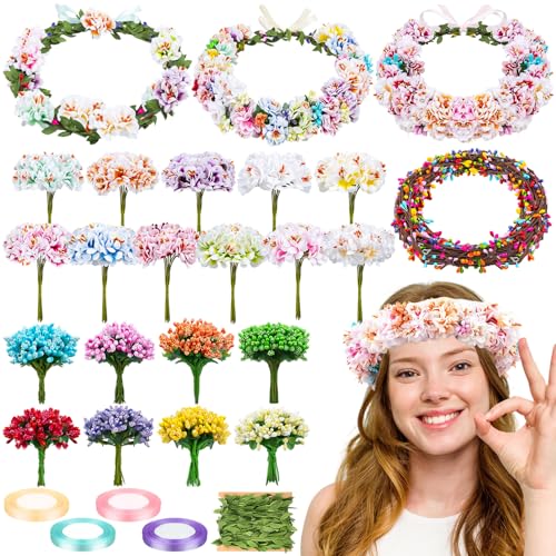 25 Sets DIY Flower Crowns Making Kit Make Your Own Flower Crown Wreath Handmade Fairy Floral Hair Accessories Garland Kit for Bridal Wedding Birthday Party Decor