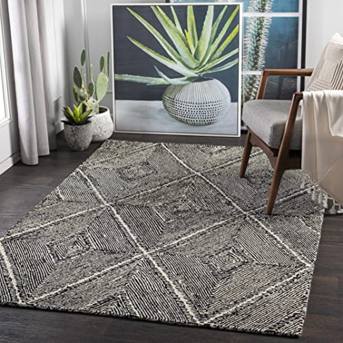 Hauteloom Vertex Boho Diamond Hand Tufted Wool Natural Fiber Soft Area Rug - Traditional Trellis Carpet for Living Room, Bedroom, Dining Room - Black and White - 6' x 9'