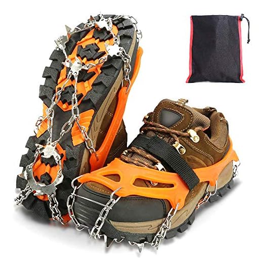 LIMEIG Crampons, 19 Teeth Stainless Steel Ice Cleats Fit Boots and Shoes, Walk Traction Ice Cleat Spikes Crampons, Ice Fishing, Climbing and Hiking on Snow and Ic (1 Pair),Orange-XL