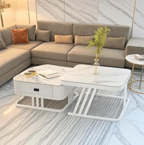 Image of Two Square Stacking Nesting Coffee Tables with Metal Frames, Wooden Tops, and Handcrafted Drawers Make up This Contemporary Centre Couch Table for Living Rooms bedrooms, & Apartments (Wht)