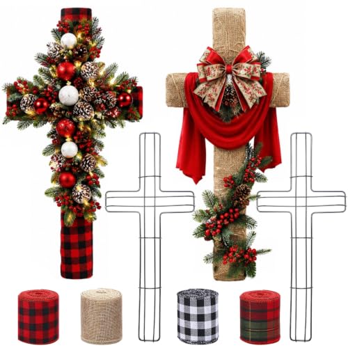 Treela 4 Set Cross Christmas Wreath Frame with Buffalo Plaid Ribbon