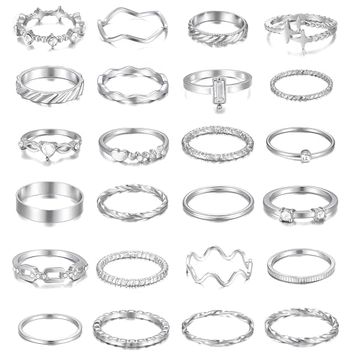 iF YOU 25 Pcs Gold Knuckle Ring Set for Women, Chunky Stackable Finger Midi Rings, Silver Simple Stacking Cute Rings Pack Trendy Stuff Jewelry Gift (24 Silver thin rings)