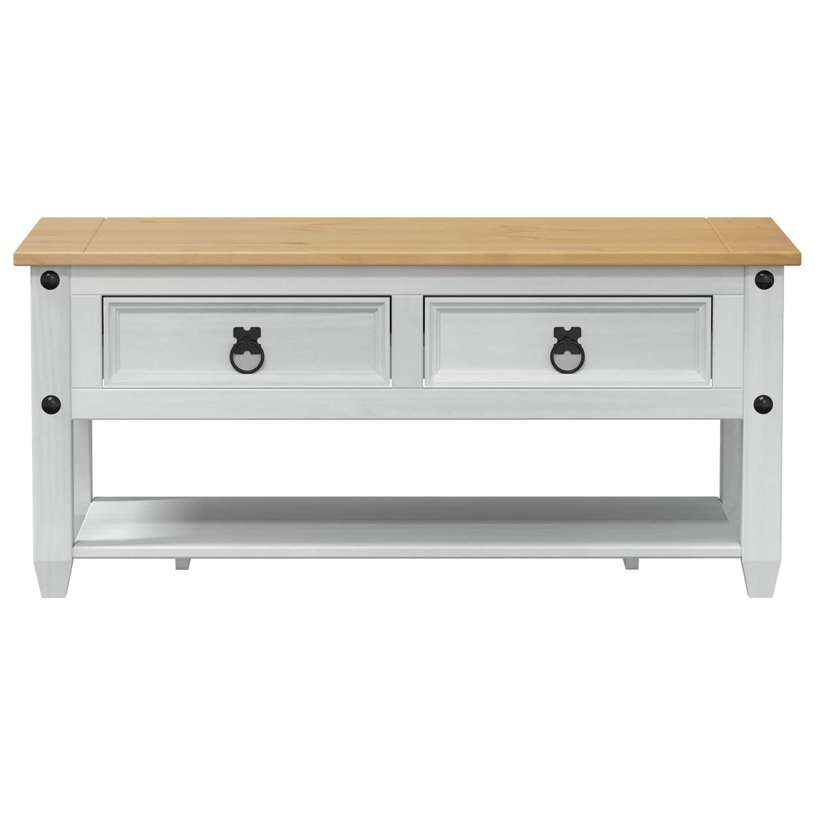 Stolik kawowy biały z litego drewna sosnowego, 100 x 48 x 45 cm, z miejscem do przechowywania, regałem i półką, stabilny stolik pomocniczy do salonu, salonu, przedpokoju i recepcji