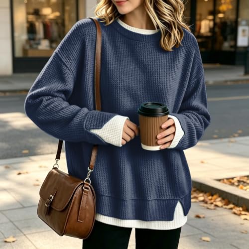 Waffle Knit Oversized Sweatshirts for Women Crew Neck Layered Pullover Blue - image 6