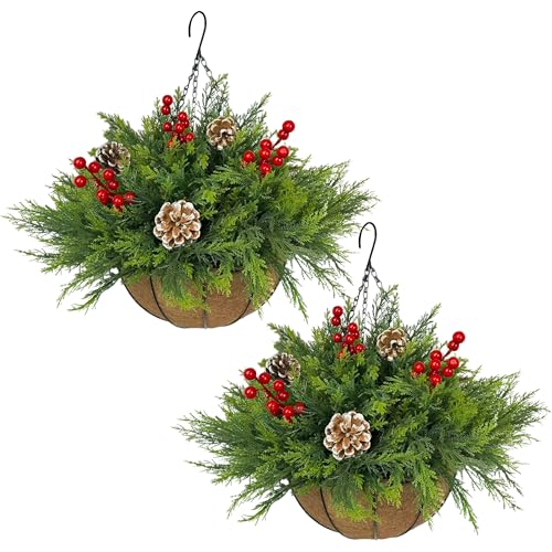 NSOPB 2 Set Christmas Artificial Cypress Hanging Baskets for Outdoor Decor