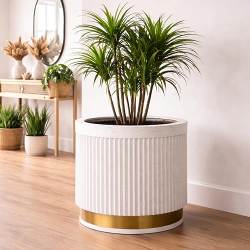 Image of Niyara FRP Planter Pot | Ribbed Round Fiber Reinforced Plastic Flower Pot for Indoor & Outdoor Plants | Lightweight Heavy Duty Decorative Garden & Balcony Pot (White Speckled Finish)