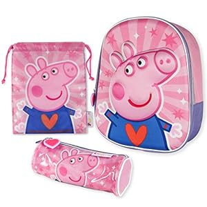 Peppa Pig Mochila Infantil 3D, Estuche Escolar y Bolsa Merienda de Cuerdas Pack Mochilas Escolares para Niñas y Niños a partir de 3 Años | Material Escolar Vuelta al Cole