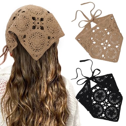 HAIMEIKANG Floral Crochet Hair Bandanas Headscarf for Women Boho Hair Scarf Bandana Headband Scarf Vintage Head Kerchief for Girls(Black+Coffee)