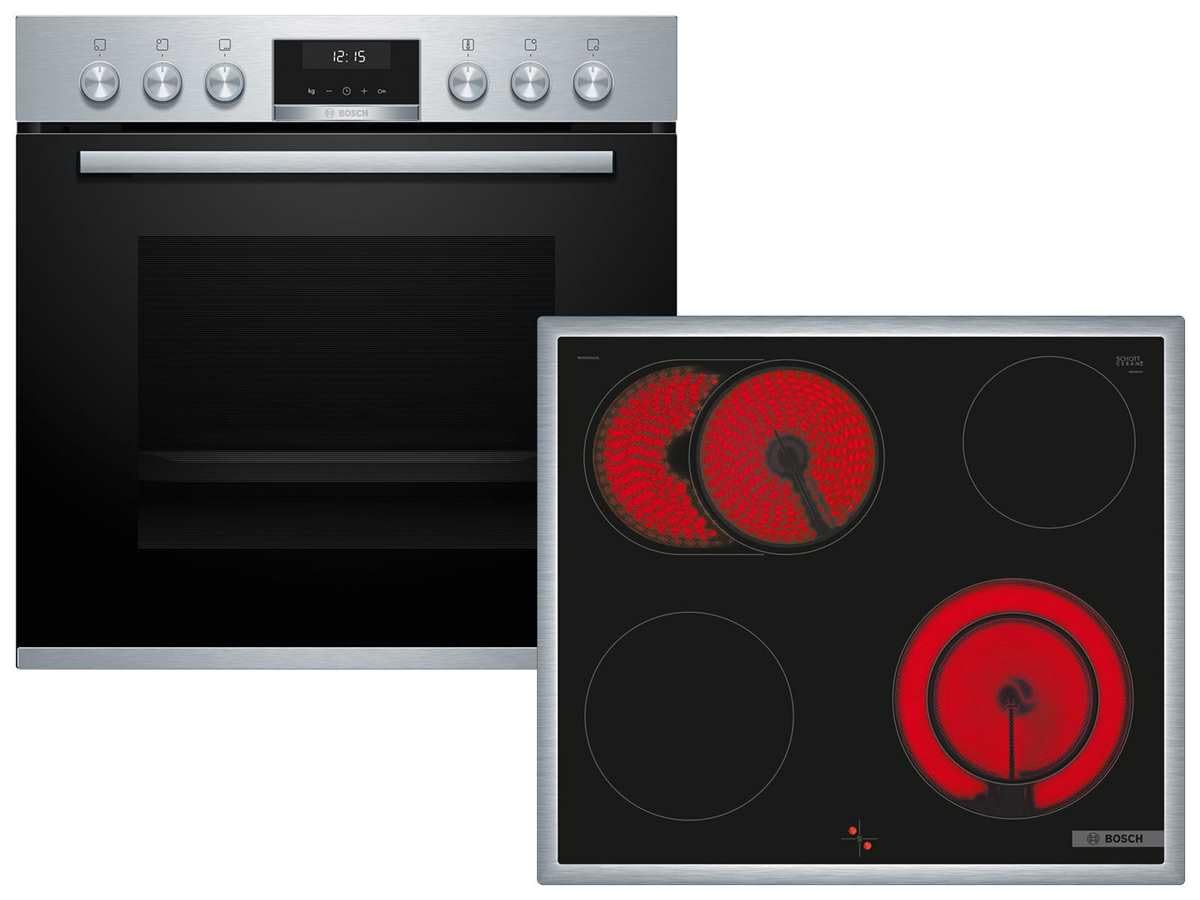 Bosch HND411LR62 Herd-Glaskeramik-Kochfeld-Kombination (herdgesteuert), 59,4 cm breit, 3D Heißluft-Backen auf drei Ebenen, Rote LED-Display-Steuerung, Kindersicherung
