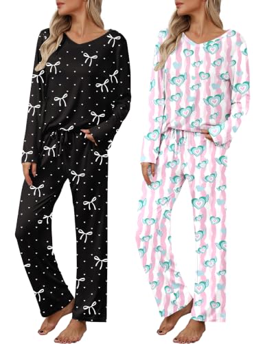 Ekouaer 2 Pack: Women's Long Sleeve Pajama Sets - V Neck Top and Pants Lounge sets for women 2 Piece PJ Set Loungewear with Pockets - image 1