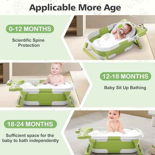 Image of Collapsible Baby Bathtub for Newborn, Foldable Baby Bath Tub with Thermometer & Soft Floating Cushion & Drain Hole, Portable Travel Infant Bath Tubs for Newborns to Toddler 0-36 Months Girl, Green