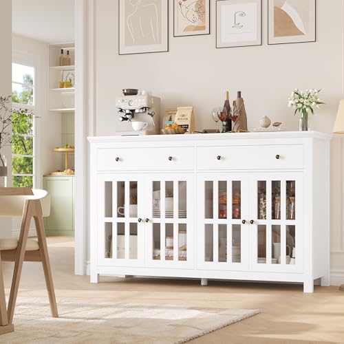 FirFurd Mobile Cucina, Credenza Soggiorno con 4 Ante in Vetro, Buffet Mobile Moderno con 2 Cassetti Ripiani Regolabili o Rimovibili, per Cucina, Soggiorno, Sala da pranzo, 140x40x90.7cm, Bianco