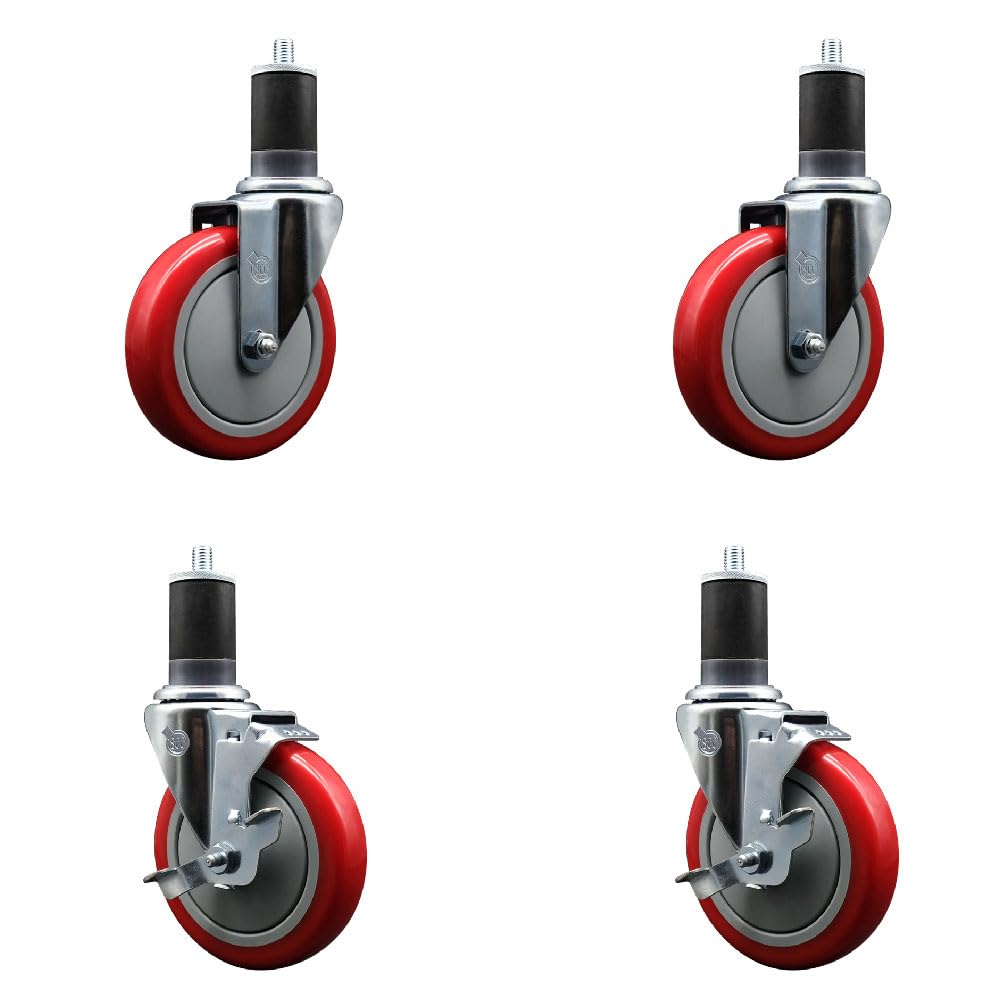 Stainless Steel Polyurethane Swivel Expanding Stem Caster Set of 4 with 5 Inch Red Wheels and 1-5/8