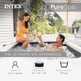 INTEX PureSpa Greystone Deluxe 4 Person Square Inflatable Hot Tub, Bubble Massage Spa Set with Energy Efficient Cover, 2 Headrests, & LED Light, 69 in x 28 in