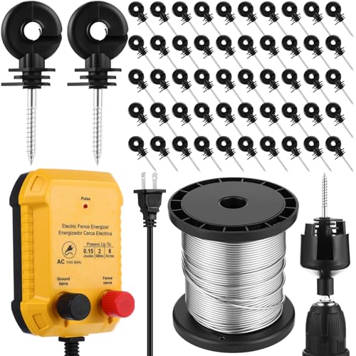 MorningRo Electric Fence Charger Set 110VAC 0.15 Joule Electric Plug in Fence to Contain Pet Poultry Keep Rodent 50 Black Insulator and 1 Socket Tool 250ft Aluminum Wire for Garden Pond Protection