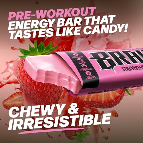 Image of Braven Bar Strawberry Energy Bars (1.59 oz, Pack of 10) - Performance Fuel On the Go - Soft & Chewy Candy-Like Texture - 13 Vitamins & Minerals - No Caffeine, No Crash - No Artificial Dyes - Gluten Free