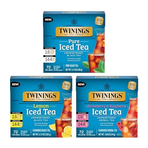 Image of Twinings Iced Tea 3- Pack Variety Bundle, Tea Bags, 72 CT Box (3 Pack) | Unsweetened Black, Lemon Black, and Herbal Strawberry & Raspberry Assortment, 216 Bags Make 54 Pitchers or 432 Servings